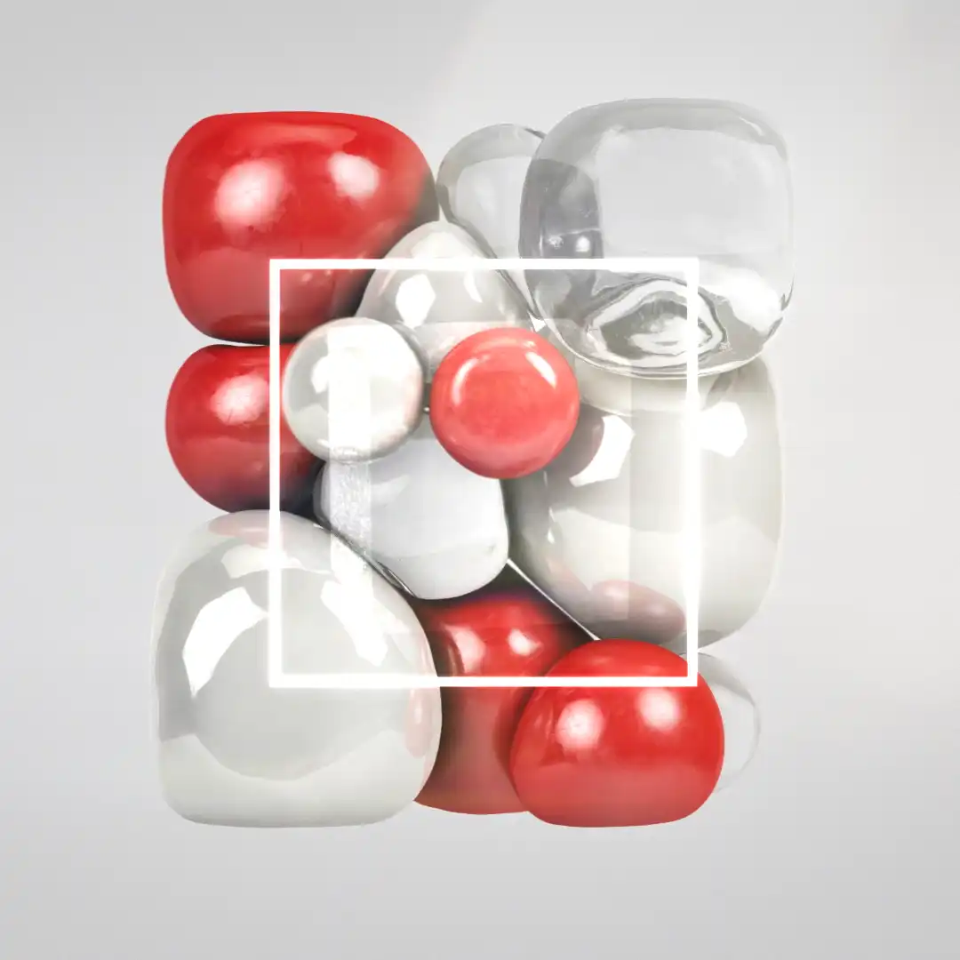 preview image of multiple balloon like objects in white, red and transparent, squished together to from a rectangle like volume. featured