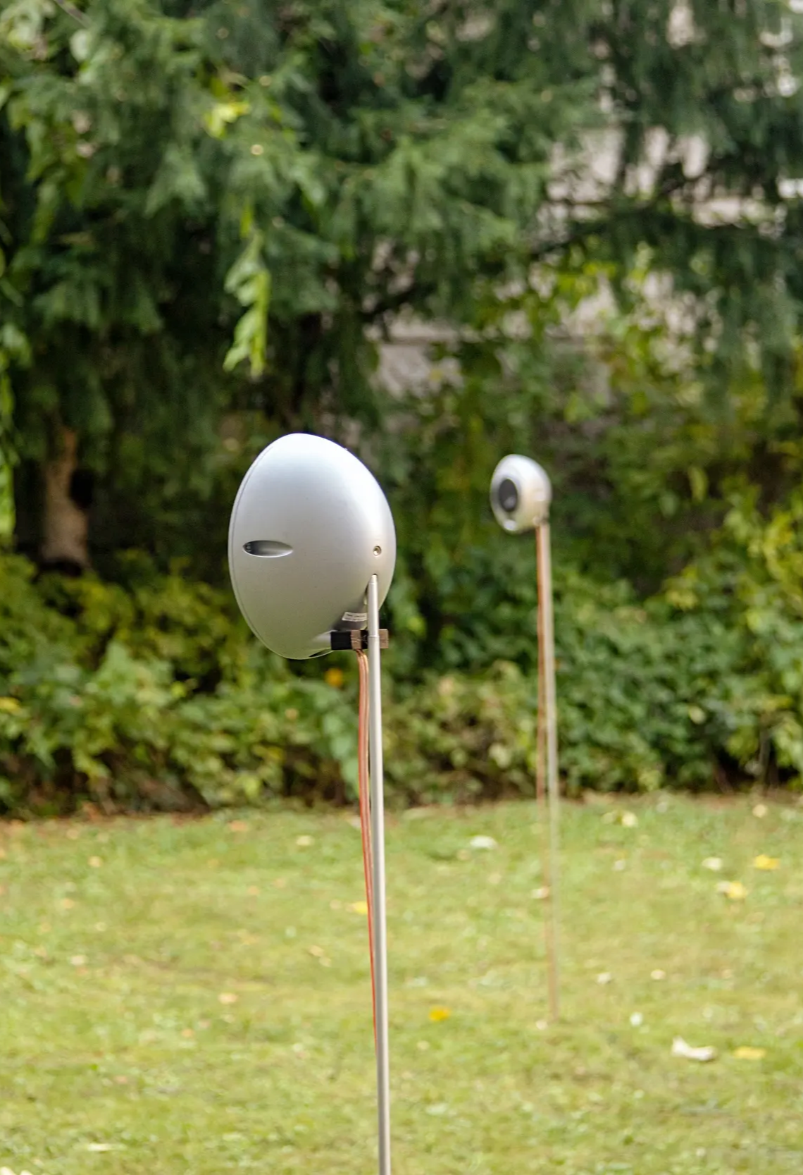 close up photo of a speaker on a rod. the blurry background shows green scenery